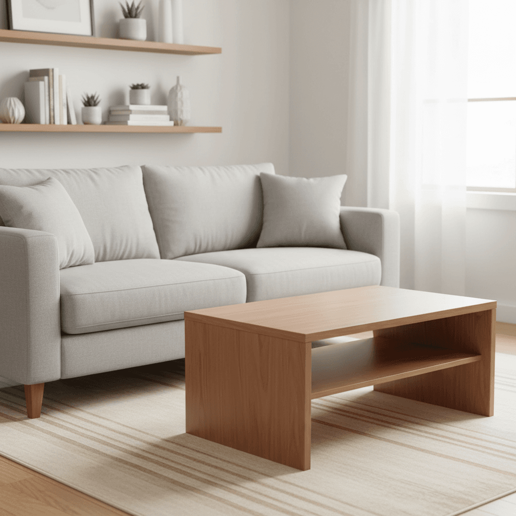Living room with cleaned sofa, polished coffee table, and vacuumed rug