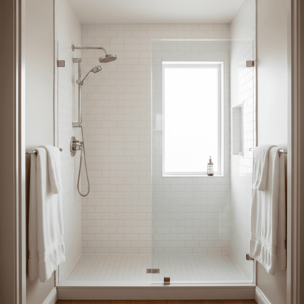 Bathroom shower and tiles gleaming clean after professional deep cleaning service