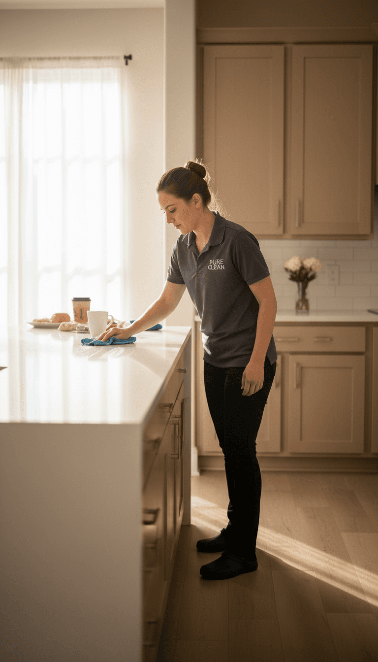 Professional cleaner carefully wiping down a kitchen countertop in a bright Savannah home
