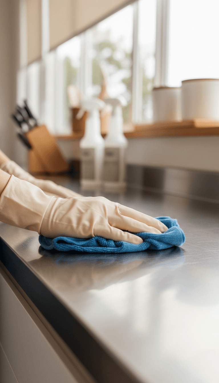 Hands wiping kitchen countertop with microfiber cloth