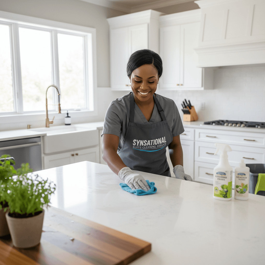Maya, a skilled cleaning specialist, tidying a modern kitchen with attention to detail.