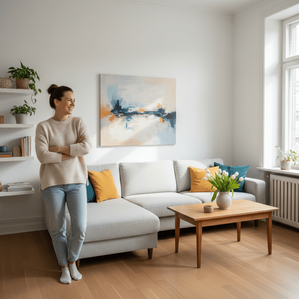 Satisfied homeowner in clean living room