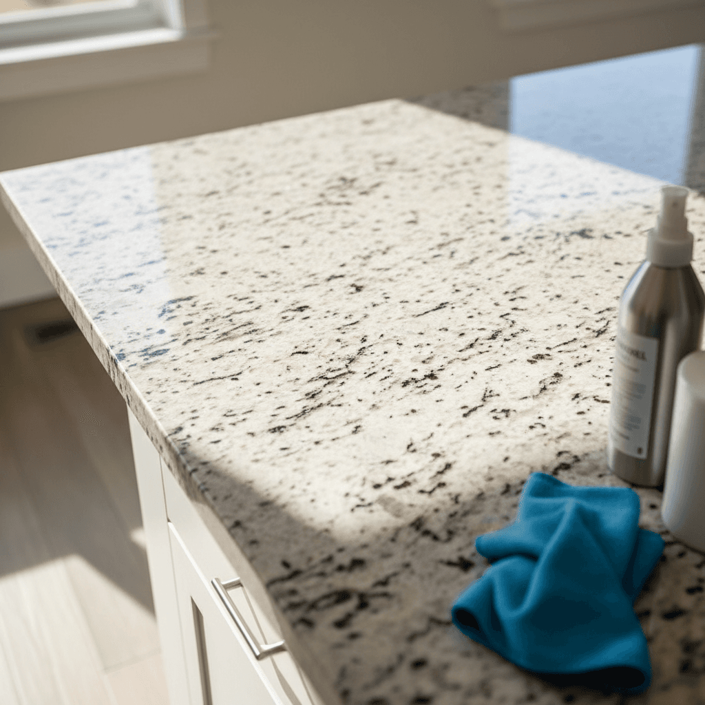 Before and after kitchen countertop cleaning showing sparkle and shine