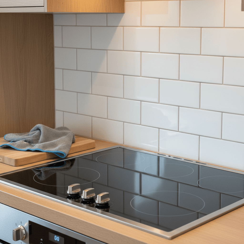 Kitchen stovetop and backsplash sparkling after professional cleaning