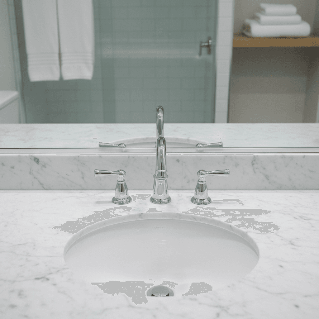 Bathroom vanity and sink gleaming after professional deep cleaning service