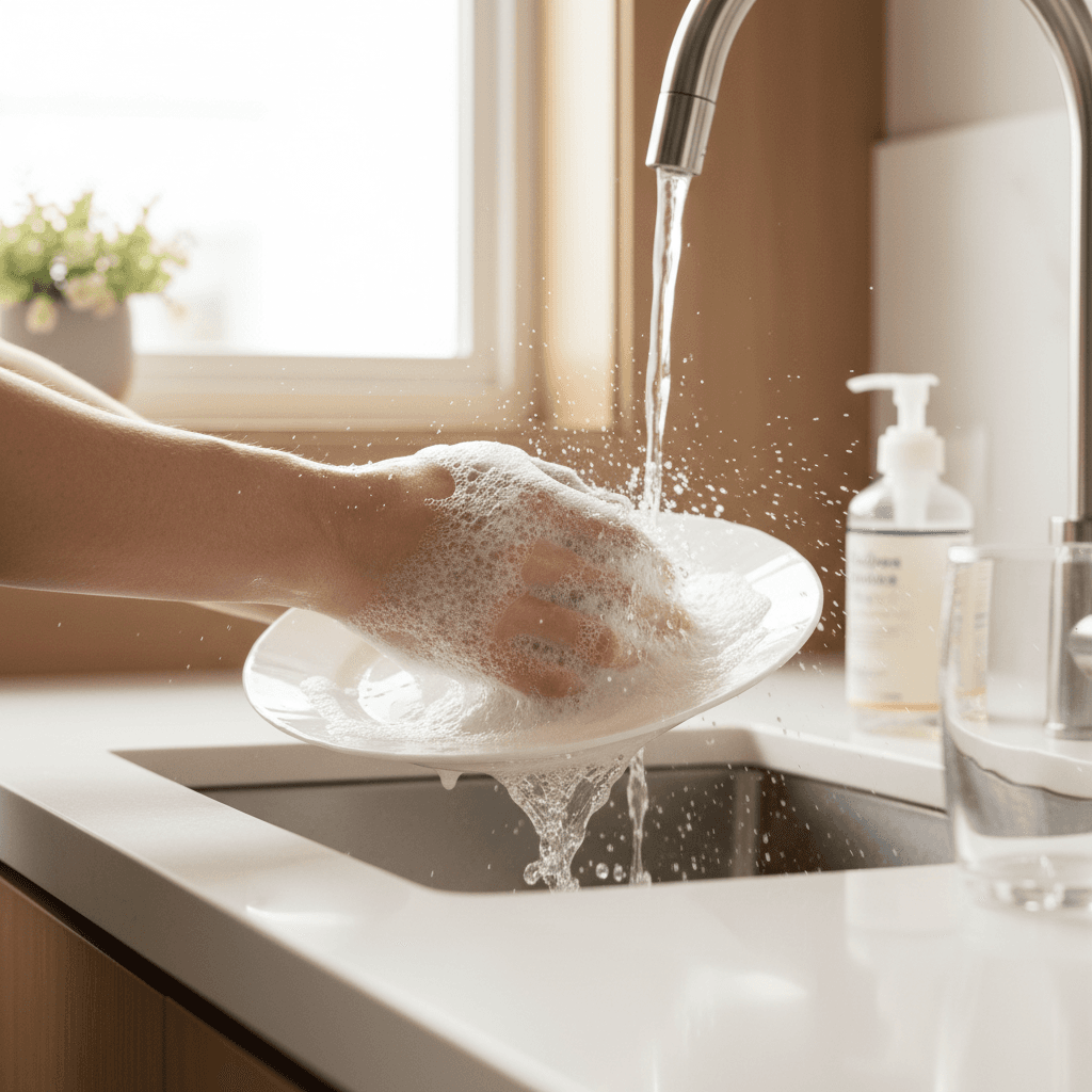 Hands washing dishes with foaming liquid soap under running water in bright kitchen sink with natural light