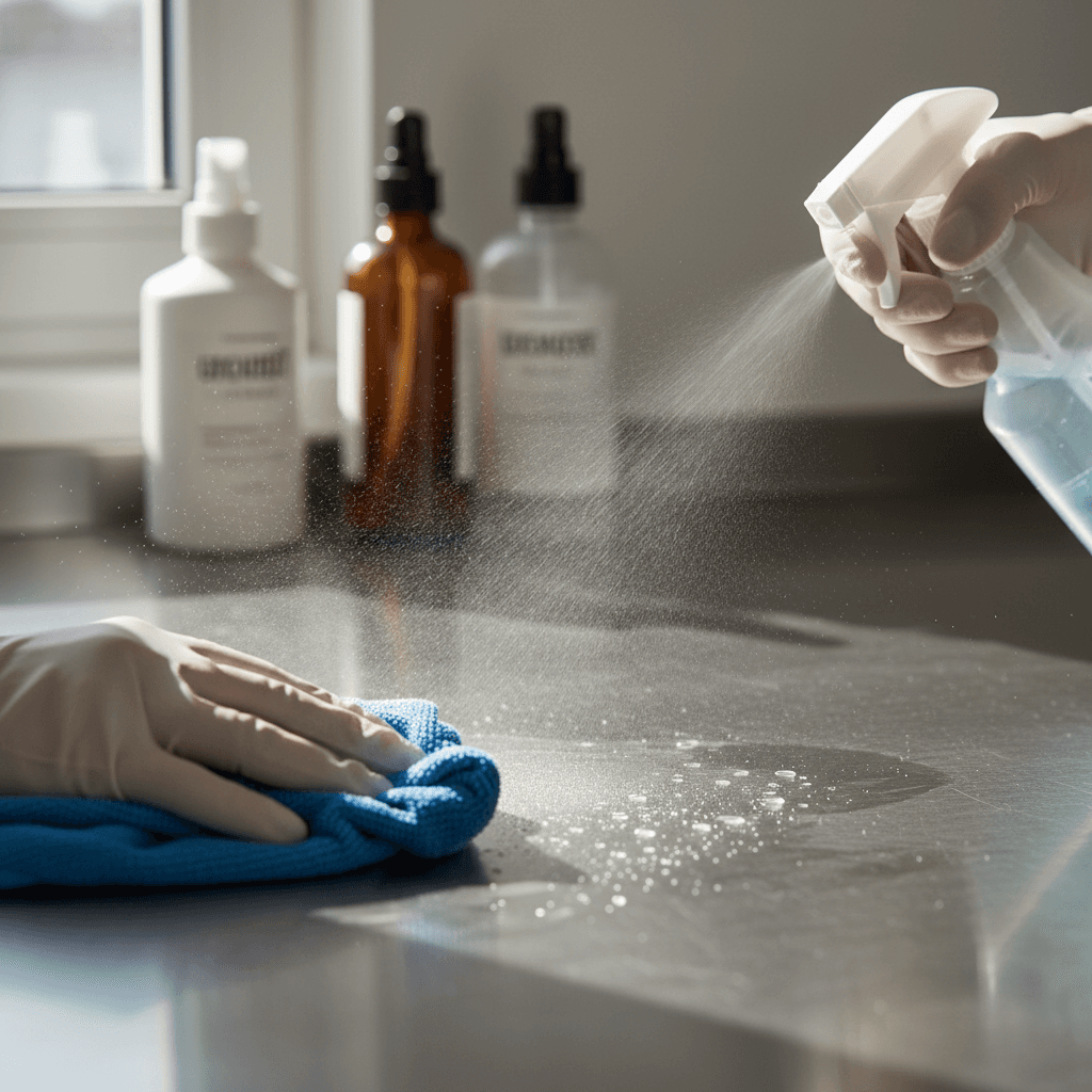 Gloved cleaner's hands spraying and wiping stainless steel kitchen countertop with microfiber cloth