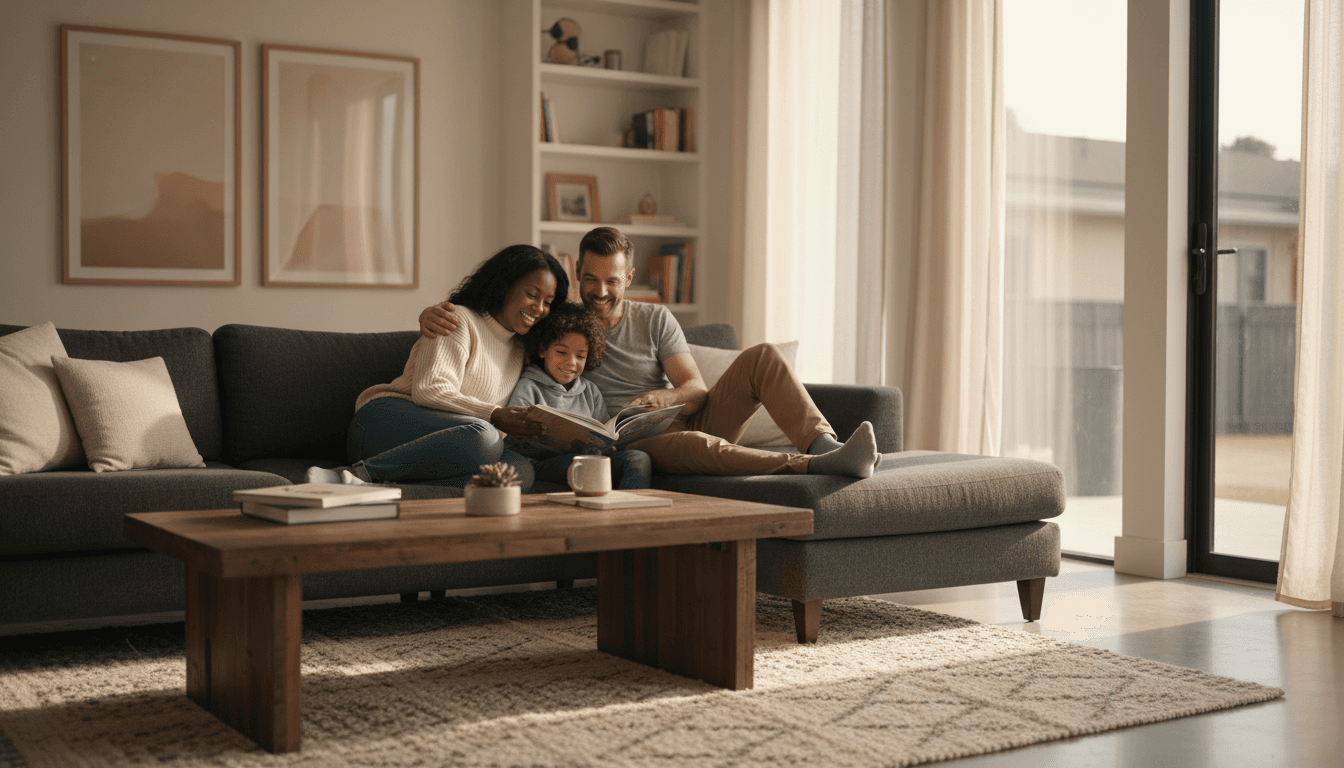Family of three relaxing together on gray upholstered sofa in bright, naturally-lit living room with wooden furniture and home accessories