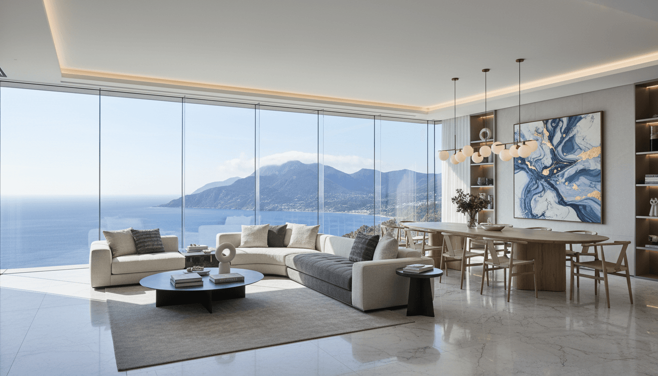 Luxurious open-plan living and dining area with designer furniture, floor-to-ceiling windows, and panoramic views